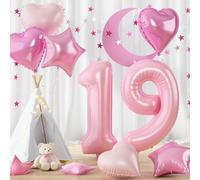 19th Birthday Balloon Pastel Pink for Women, 40'' Self Inflating Number 19 Foil Balloon with Baby Pale Pink Heart Star Balloons Anniversary Decorations, Giant Mylar 19 Balloon for Wedding Party Decor