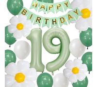 19th Birthday Balloons Decorations, Sage Green Birthday Banner Daisy White Flowers Number 19 Foil Balloon, Cheers to 19 Years Old Party Supplies for Girls Boys Daughter Birthday(19th)