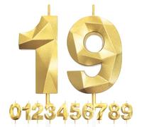 19th Birthday Candles, Number 19 Candle, Gold Birthday Candles for Cake, Diamond 3D Happy Birthday Cake Candle Decorations for Birthday Party Wedding Anniversary Celebration Supplies