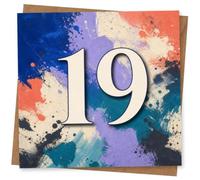 19th Birthday Card, 19th Birthday Card, Bold Colour Splash Design with Large Number 19, Fun Modern for Age 19