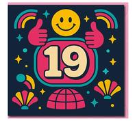 19th Birthday Card - Bright Retro Design with Happy Face and Thumbs Up, Colourful Stars and Confetti - Fun Nineteenth Birthday Card for Him or Her