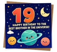 19th Birthday Card for Brother, Smiling Planets & Moon | For his 19th: cute space scene with smiling planets, stars and moon plus ‘Best Brother in the Universe!’
