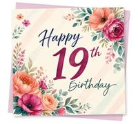 19th Birthday Card for Her, Bold Script & Watercolour Blooms | For her 19th: vibrant watercolour florals, leafy border and bold script “Happy 19th Birthday” on pastel stripes.