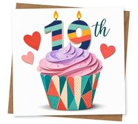 19th Birthday Card for Her, Cupcake, Striped 19 Candles, Hearts | Playful 19th birthday design: colourful cupcake artwork with striped number candles and sweet heart accents for her card.