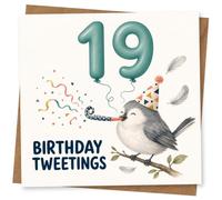 19th Birthday Card for Her, Party Bird, 19 Balloons, Confetti | A playful 19th for her: cheerful party bird, balloon number 19, colourful confetti and the pun “Birthday Tweetings”.