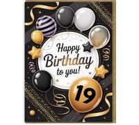 19th Birthday Card for Him or Her - Black & Gold Balloons Design - Large A5 Size - Includes Kraft Envelope - Happy Birthday Greeting Card
