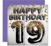 19th Birthday Card for Men - Black & Gold Glitter Balloons - Happy Birthday Cards for 19 Year Old Man Son Brother Uncle Cousin, 145mm Bday Greeting Cards Gift