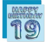 19th Birthday Card for Men - Blue Glitter Party Balloon - Happy Birthday Cards for 19 Year Old Man Brother Son Nephew Uncle, 145mm Bday Greeting Cards Gift