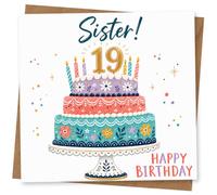 19th Birthday Card for Sister, Tiered Cake & Candles | Three-tier cake with candles and the front message “Sister! 19 Happy Birthday” for your Sister’s 19th.
