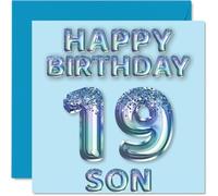 19th Birthday Card for Son, Blue Glitter Party Balloons