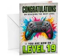 19th Birthday Card, Space Gamer Design | Large A5 Card with Printed Inside Message; Level-up for 19th Birthday