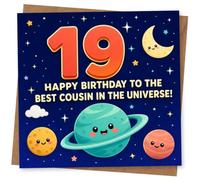 19th Birthday Card, Space Planets, Stars and Best Cousin | Celebrate 19th with smiling planets, moon and stars plus the message “Happy Birthday to the Best Cousin in the Universe!”