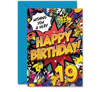 19th Birthday Cards for Men Women - Comic Book Pow! - Happy Birthday Card for 19 Year Old Man Woman Uncle Cousin Daughter Niece, A5 Bday Greeting Cards