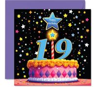 19th Birthday Cards for Women Men - Pink Cake & Stars - Happy Birthday Card for 19 Year Old Woman Man Nephew Grandson Granddaughter Brother, 145mm Bday Greeting Cards