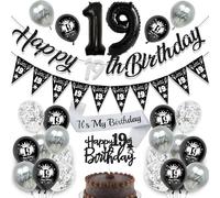 19th Birthday Decorations Balloons Boy - 24 Pcs Black Silver Banners Triangle Bunting Sash Number 19 Foil Balloons Cake Topper for Boys Girls Happy 19 Years Old Happy Birthday Party Decor Supplies