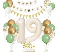 19th Birthday Decorations for Boy Girl - Sage Green, White, Gold Balloons With Number 19 Foil Balloon, Happy Birthday Banner, Cake Topper for Party Decoration