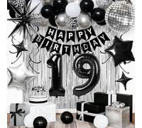 19th Birthday Decorations for Boys Men, Black Silver Happy Birthday Party Decorations， 19 Year Old Party Supplies with Number 19 Balloons, Banner, Fringe Curtains Kit