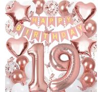 19th Birthday Decorations for Girls, Rose Gold 40 Inch Number 19 Foil Birthday Balloons with Happy Birthday Banner and Butterfly Stickers
