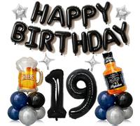 19th Birthday Decorations for Men 41pcs with Number 19 Foil Balloon Black and Blue Balloons Whiskey Beer Kit for Party Supplies