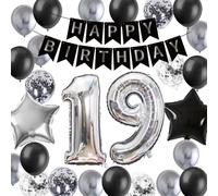 19th Birthday Decorations Silver Black for Boys, 19th Birthday Banner Number 19 Star Foil Confetti Balloons Party Supplies Kit for 19 Years Old Son Boys Bday (19th)