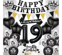 19th Birthday Party Decorations for Boys - Black Silver Happy Birthday Banner Pennant Flags Garlandand Sash, Star Heart Crown Number Foil Balloons Cake Toppers for 19 Years Old Teens