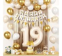 19th Birthday Party Decorations, Gold White Happy Birthday Decorations With Number 19 Balloons Beige Sand White Latex Balloon Champagne Fringe Curtain Cake Topper Banner For 19th Party Supplies