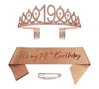 19th Birthday Sash Tiara and Crowns for Girls, Birthday Queen Rose Gold Tiara,Princess Tiara Rhinestone Headbands with Combs Bridal Wedding Tiaras for Wedding Prom Bridal Party Christmas