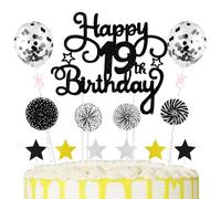 19th Cake Decorations Happy Birthday Cake Picks Star Paper-fans Balloon Cupcake Toppers for 19th Birthday Decorations Party Supplies, Black
