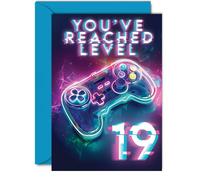 19th Gamer Birthday Cards for Men Women - You've Reached Level 19 - Happy 19 Birthday Card for Son Daughter Brother Sister Friend, 5x7 Inch Nineteen Nineteenth Bday Video Game Greeting Cards