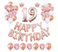 19th Rose Gold Birthday Party Decorations Pack 48PCS Banner Happy Birthday Decorations for Girls Women Party Supplies Happy Birthday Star Heart Rose Gold Foil Balloons Latex Balloons (19th)