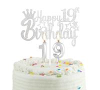 19th Silver Birthday Cake Candle with Cake Topper, Silver Party Candle Cake Topper for Boys Girls Men Women, 19th Birthday Decoration, Wedding Anniversary