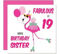 19th Sister Birthday Card - Fabulous Flamingo - Pink Cute Sisters Birthday Card for 19 Year old teenage Kids nineteen, nineteenth