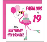 19th Step Daughter Birthday Card - Fabulous Flamingo - Pink Cute Step-Daughters Birthday Card for 19 Year old teenage Kids nineteen, nineteenth