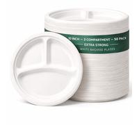 1ABOVE 10 Inch 3 Compartment 50 Pack Extra Strong White Disposable Bagasse Plates, 100% Compostable and Biodegradable, Made from Sugarcane Fibre, Perfect for BBQ, Wedding, Office, Picnics and Parties
