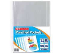 1ABOVE 30 Micron 100Pack A4 Glass Clear Plastic Wallets Punched Poly Pocket Paper Document Files