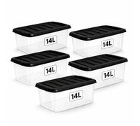 1ABOVE 5 Pack 14L Clear Plastic Storage Boxes with Black Lids - Strong BPA-Free Stackable & Nestable Storage Containers for Home, Office, Kitchen & Garage