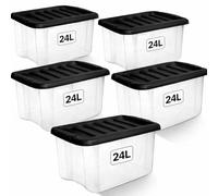 1ABOVE 5 Pack 24L Clear Plastic Storage Boxes with Black Lids - Strong BPA-Free Stackable & Nestable Storage Containers for Home, Office, Kitchen & Garage