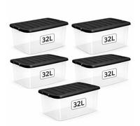 1ABOVE 5 Pack 32L Under Bed Storage Boxes with Lids - Clear BPA-Free Plastic Bins with Black Lids - Stackable & Nestable - Heavy Duty Multipurpose Storage for Home, Office, Kitchen & Garage