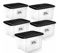 1ABOVE 5 Pack 35L Clear Plastic Storage Boxes with Black Lids - Strong BPA-Free Stackable & Nestable Storage Containers for Home, Office, Kitchen & Garage