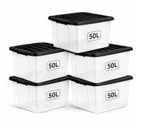1ABOVE 5 Pack 50L Clear Plastic Storage Boxes with Black Lids - Strong BPA-Free Stackable & Nestable Storage Containers for Home, Office, Kitchen & Garage