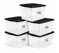 1ABOVE 5 Pack 75L Clear Plastic Storage Boxes with Black Lids - Strong BPA-Free Stackable & Nestable Storage Containers for Home, Office, Kitchen & Garage