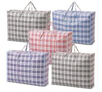 1ABOVE 5 Pack Medium Checked Storage Bags with Zip and Handles - Reusable Waterproof Laundry, Shopping, Moving and Clothes Bags, 57 × 47 × 30 cm