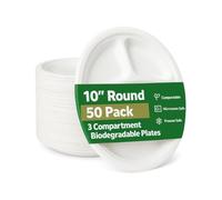 1ABOVE 50 Pack 10-inch 3 Compartment Extra Strong White Disposable Bagasse Plates, 100% Compostable and Biodegradable, Made from Sugarcane Fibre, Perfect for BBQ, Wedding, Office, Picnics and Parties