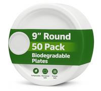 1ABOVE 50 Pack Extra Strong White Disposable Bagasse Plates, 100% Comp