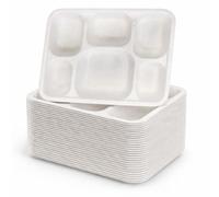 1ABOVE 6-Compartment Bagasse Food Trays - 25 Pack | Disposable Sugarcane Fibre Dinner Plates | Biodegradable & Compostable, Eco-Friendly