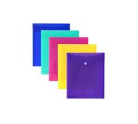 1ABOVE A5 Popper Wallets - Pack of 5 Assorted Colour Plastic Document Folders with Snap Closure, Lightweight Transparent Wallets for Office, School & Home Filing