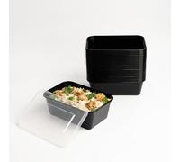 1ABOVE Secure Pack 50 x Microwave Black Plastic Food Takeaway Heavy Duty Containers with Clear Lids, Freezer & Dish Washer Safe (750ML)