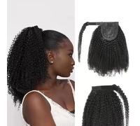 #1B Afro Kinky Curly Ponytail Wrap Around Extension, 80g/piece Natural Looking Human Hair Wigs Easy Installation and Removal(12 inch)