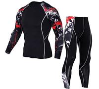 1Bests Mens Athletics Sports Compression Tight Clothing Long Sleeve 3D Printed Running Quick Dry Sportswear Sets (S, Grey Red)
