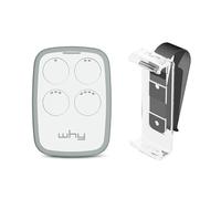 1Control WHY, Universal remote control, 4 buttons + sunshade clip, Opens gates and garage doors, Copies 750 rolling code remote controls, Controls up to 4 entrances, White